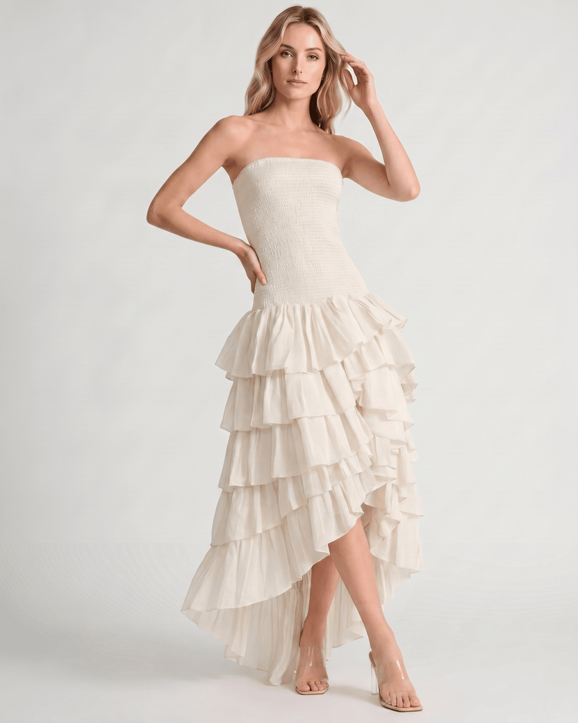 Celestia Maxi Dress by Lauven — chiffon strapless sleeveless tiered high-low maxi dress
