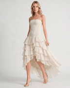 Celestia Maxi Dress by Lauven — chiffon strapless sleeveless tiered high-low maxi dress