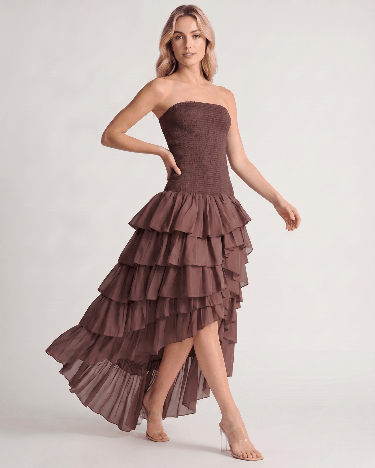 Celestia Maxi Dress by Lauven — chiffon strapless sleeveless tiered high-low maxi dress