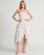 Celestia Maxi Dress by Lauven — chiffon strapless sleeveless tiered high-low maxi dress