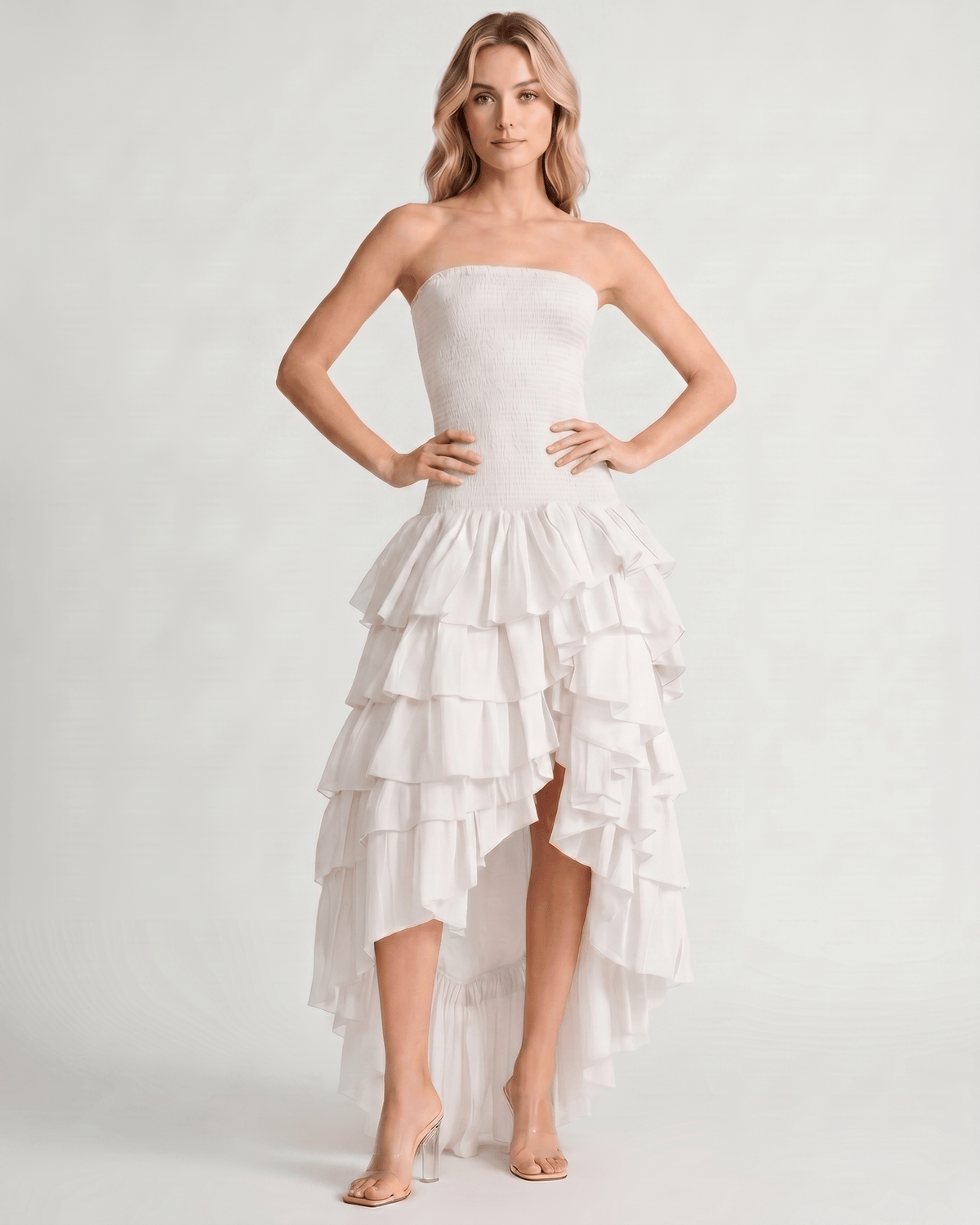Celestia Maxi Dress by Lauven — chiffon strapless sleeveless tiered high-low maxi dress