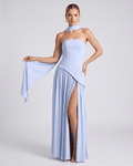Aureline Maxi Dress by Lauven — blue chiffon strapless halter pleated maxi dress with slit