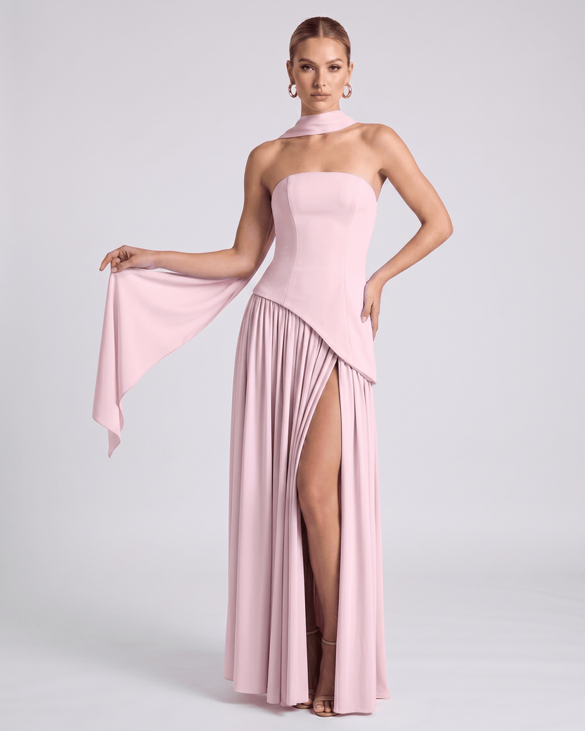 Aureline Maxi Dress by Lauven — pink chiffon strapless halter pleated maxi dress with slit