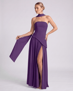 Aureline Maxi Dress by Lauven — chiffon strapless halter pleated maxi dress with slit