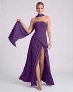 Aureline Maxi Dress by Lauven — chiffon strapless halter pleated maxi dress with slit