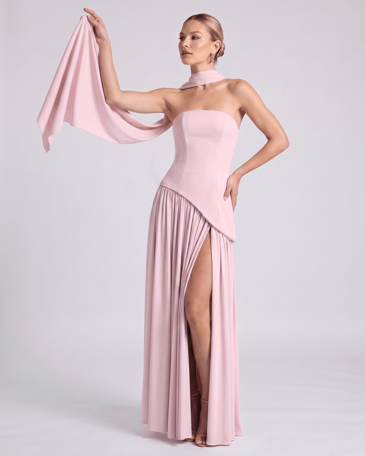 Aureline Maxi Dress by Lauven — chiffon strapless halter pleated maxi dress with slit