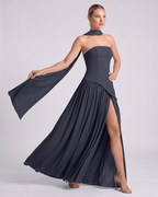 Aureline Maxi Dress by Lauven — chiffon strapless halter pleated maxi dress with slit