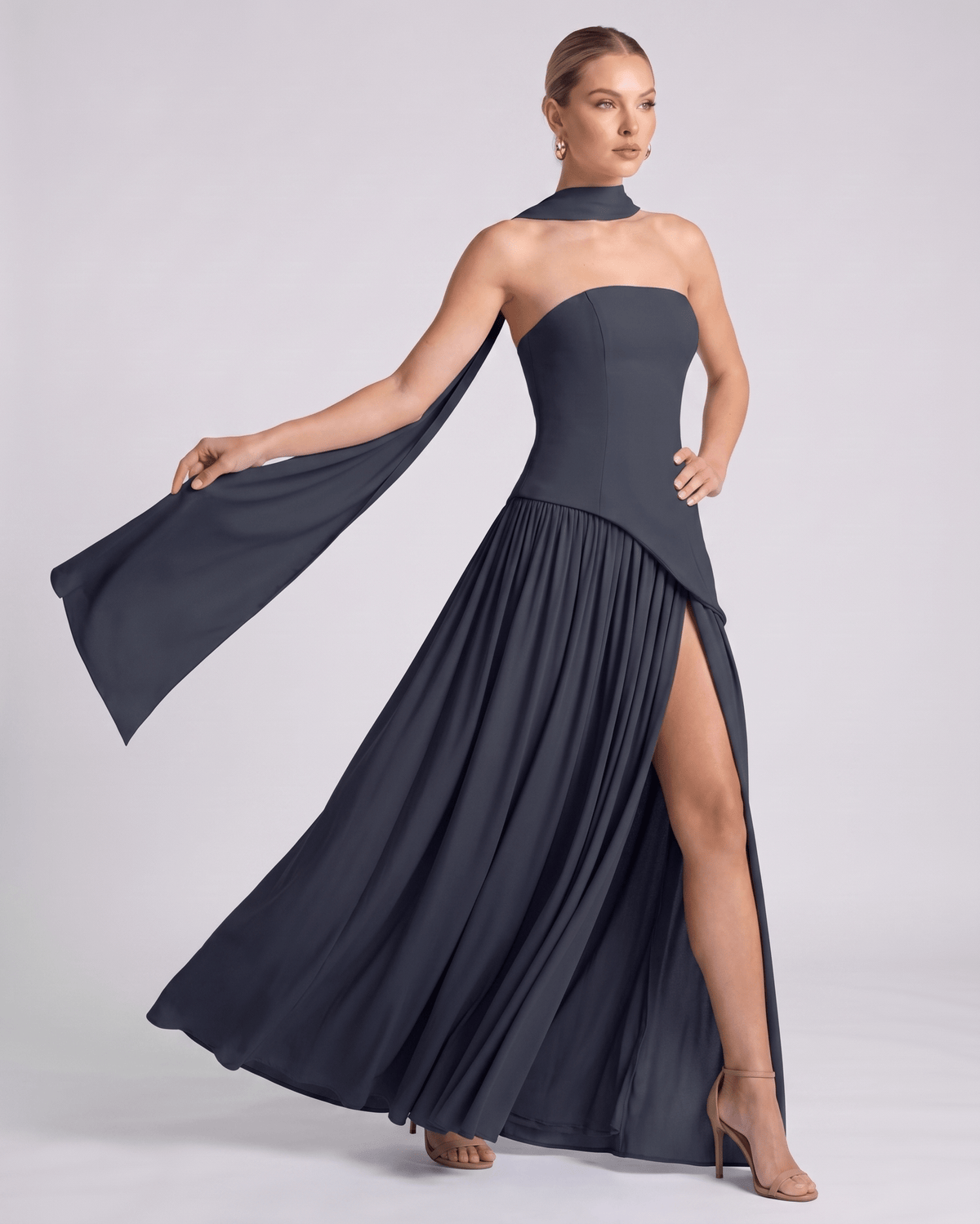 Aureline Maxi Dress by Lauven — chiffon strapless halter pleated maxi dress with slit