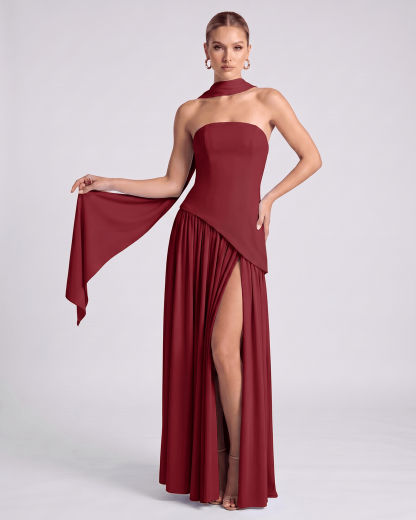 Aureline Maxi Dress by Lauven — red chiffon strapless halter pleated maxi dress with slit