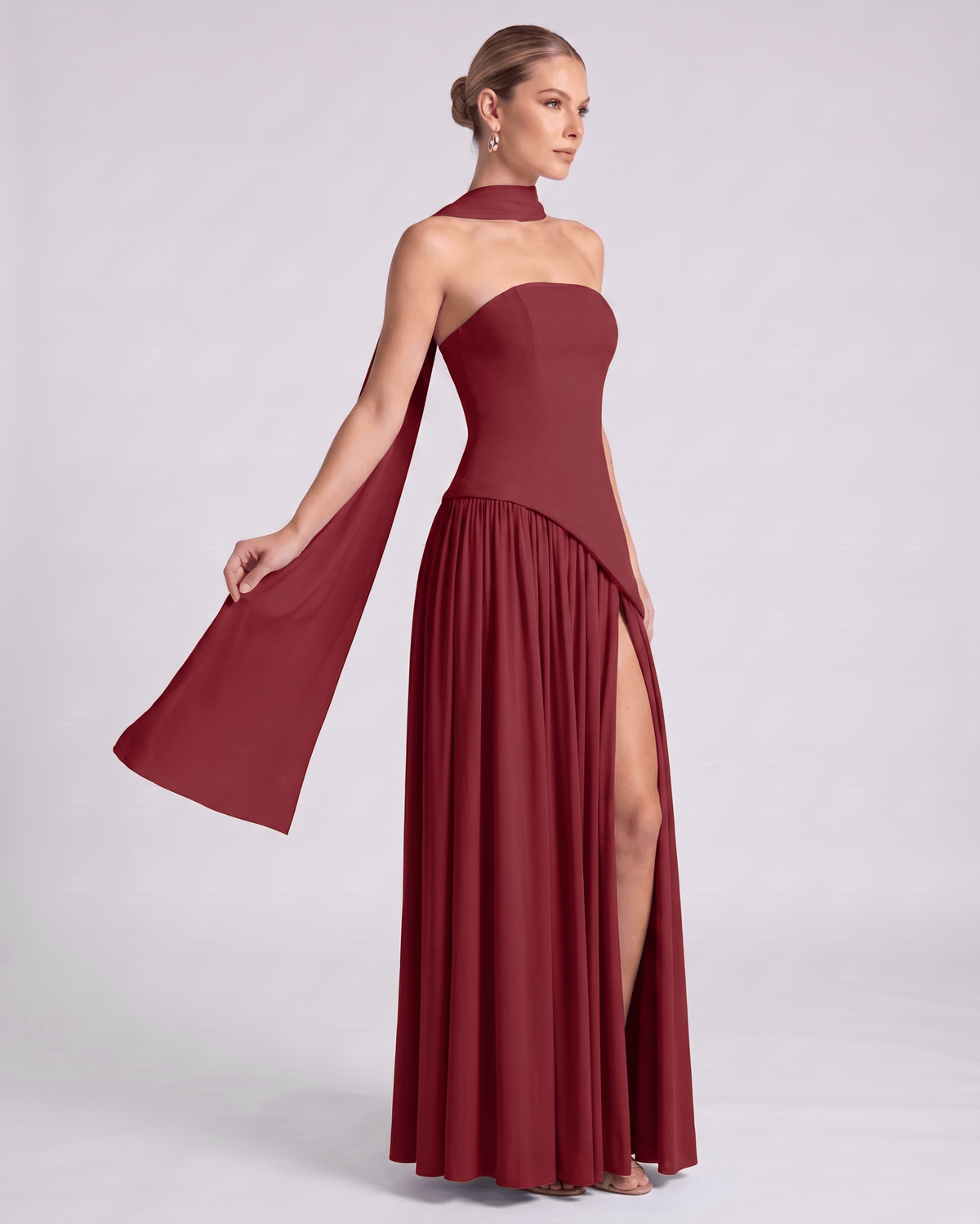 Aureline Maxi Dress by Lauven — chiffon strapless halter pleated maxi dress with slit