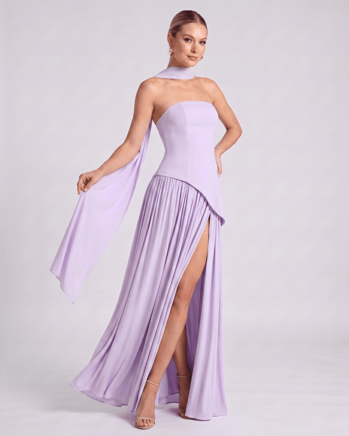 Aureline Maxi Dress by Lauven — chiffon strapless halter pleated maxi dress with slit