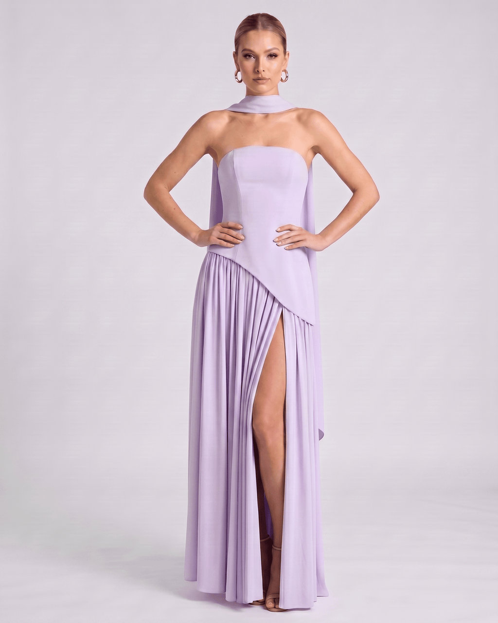 Aureline Maxi Dress by Lauven — chiffon strapless halter pleated maxi dress with slit