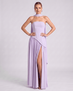 Aureline Maxi Dress by Lauven — chiffon strapless halter pleated maxi dress with slit