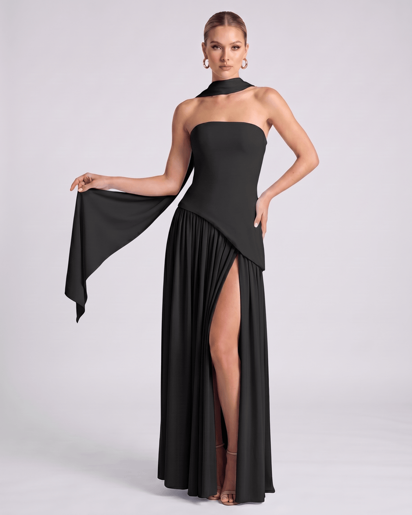 Aureline Maxi Dress by Lauven — black chiffon strapless halter pleated maxi dress with slit