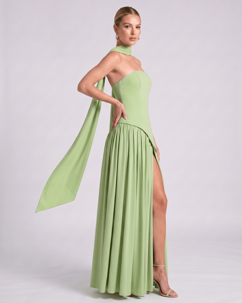 Aureline Maxi Dress by Lauven — chiffon strapless halter pleated maxi dress with slit