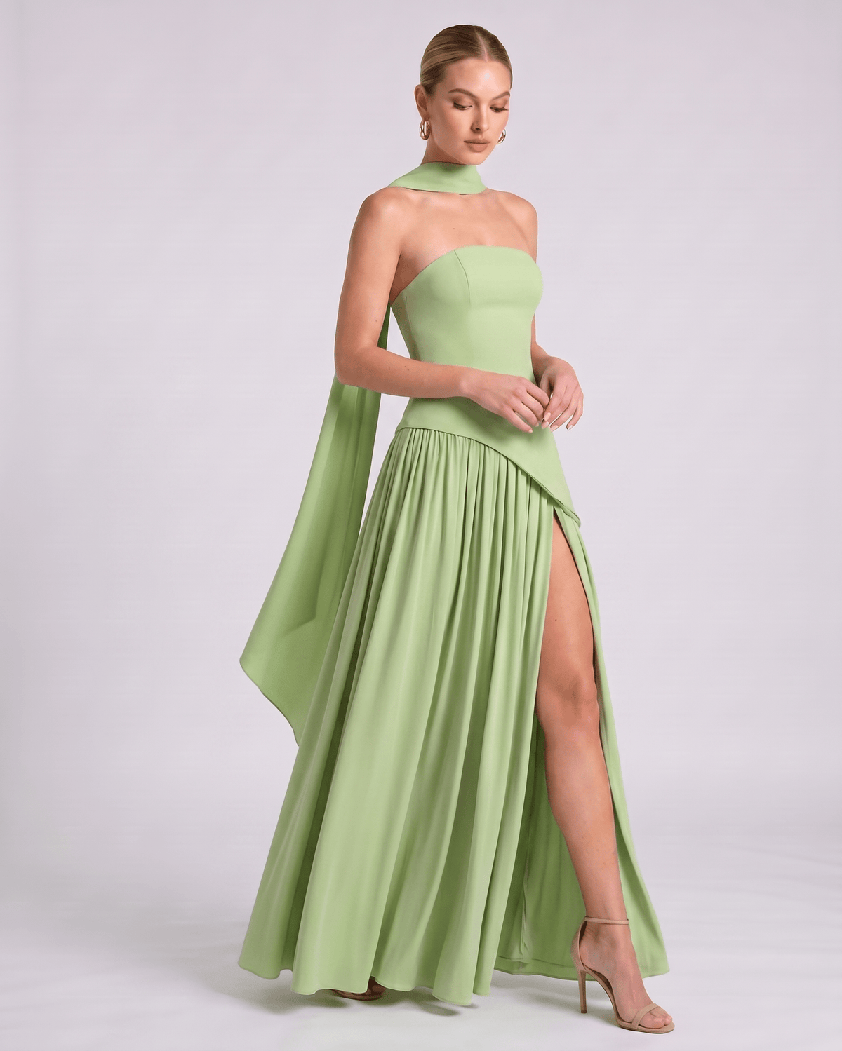 Aureline Maxi Dress by Lauven — chiffon strapless halter pleated maxi dress with slit