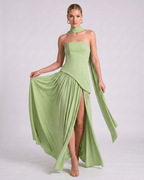 Aureline Maxi Dress by Lauven — chiffon strapless halter pleated maxi dress with slit