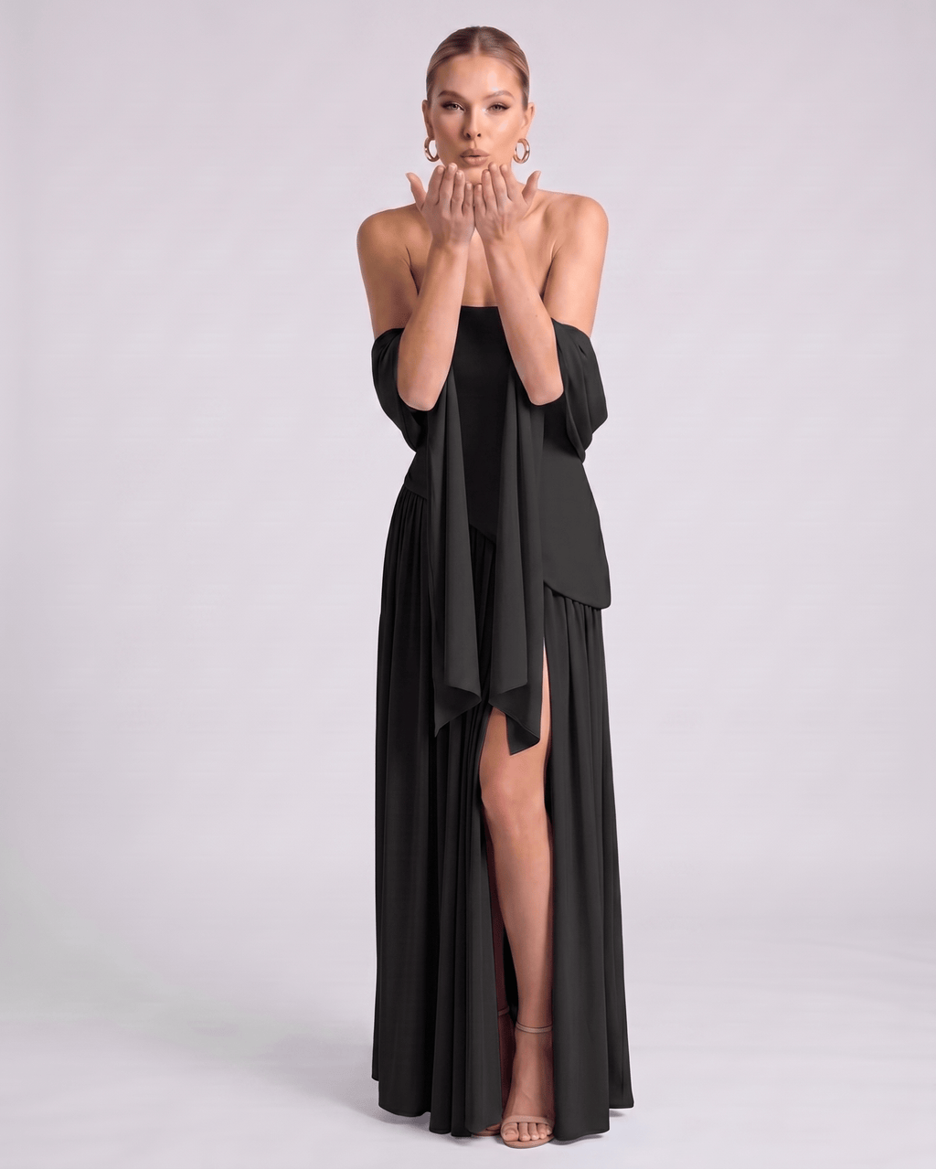 Aureline Maxi Dress by Lauven — chiffon strapless halter pleated maxi dress with slit