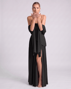 Aureline Maxi Dress by Lauven — chiffon strapless halter pleated maxi dress with slit