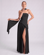 Aureline Maxi Dress by Lauven — chiffon strapless halter pleated maxi dress with slit