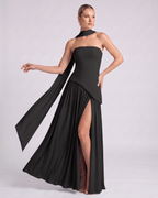 Aureline Maxi Dress by Lauven — chiffon strapless halter pleated maxi dress with slit