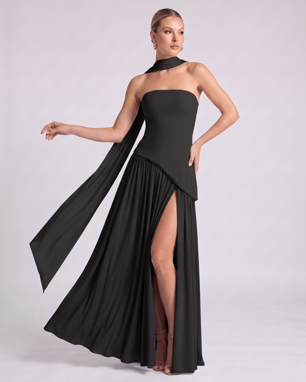Aureline Maxi Dress by Lauven — chiffon strapless halter pleated maxi dress with slit