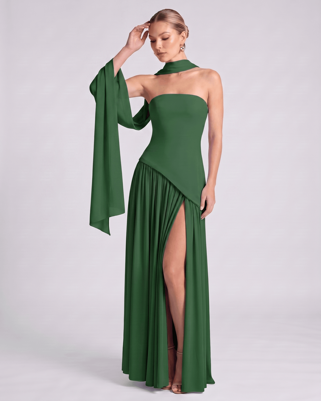 Aureline Maxi Dress by Lauven — chiffon strapless halter pleated maxi dress with slit