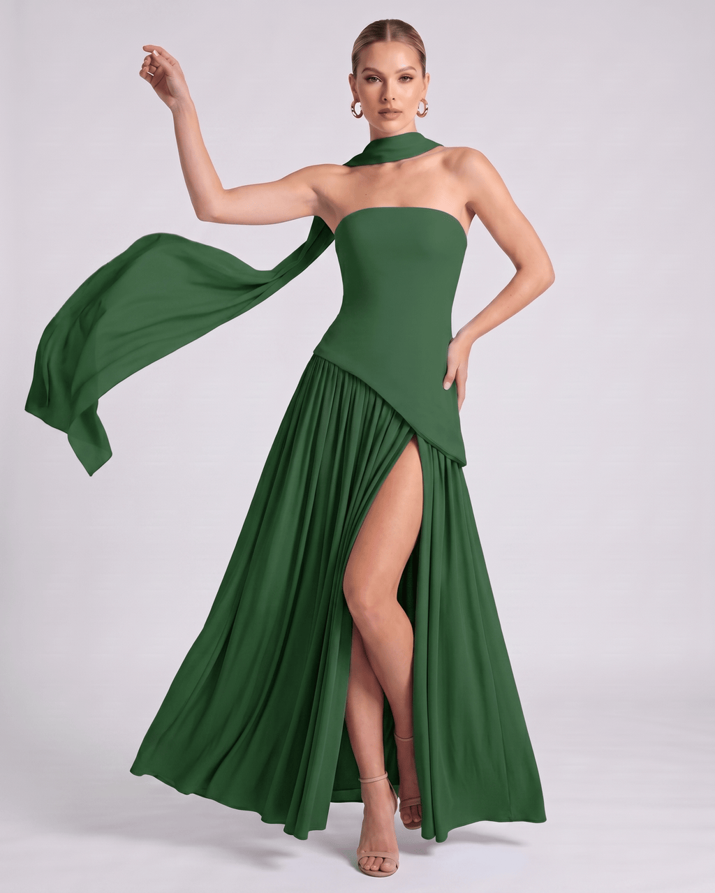 Aureline Maxi Dress by Lauven — chiffon strapless halter pleated maxi dress with slit