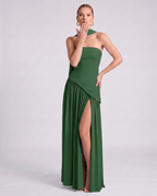 Aureline Maxi Dress by Lauven — chiffon strapless halter pleated maxi dress with slit