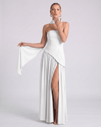Aureline Maxi Dress by Lauven — chiffon strapless halter pleated maxi dress with slit