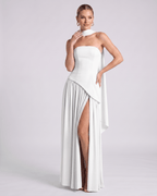 Aureline Maxi Dress by Lauven — chiffon strapless halter pleated maxi dress with slit