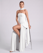 Aureline Maxi Dress by Lauven — chiffon strapless halter pleated maxi dress with slit