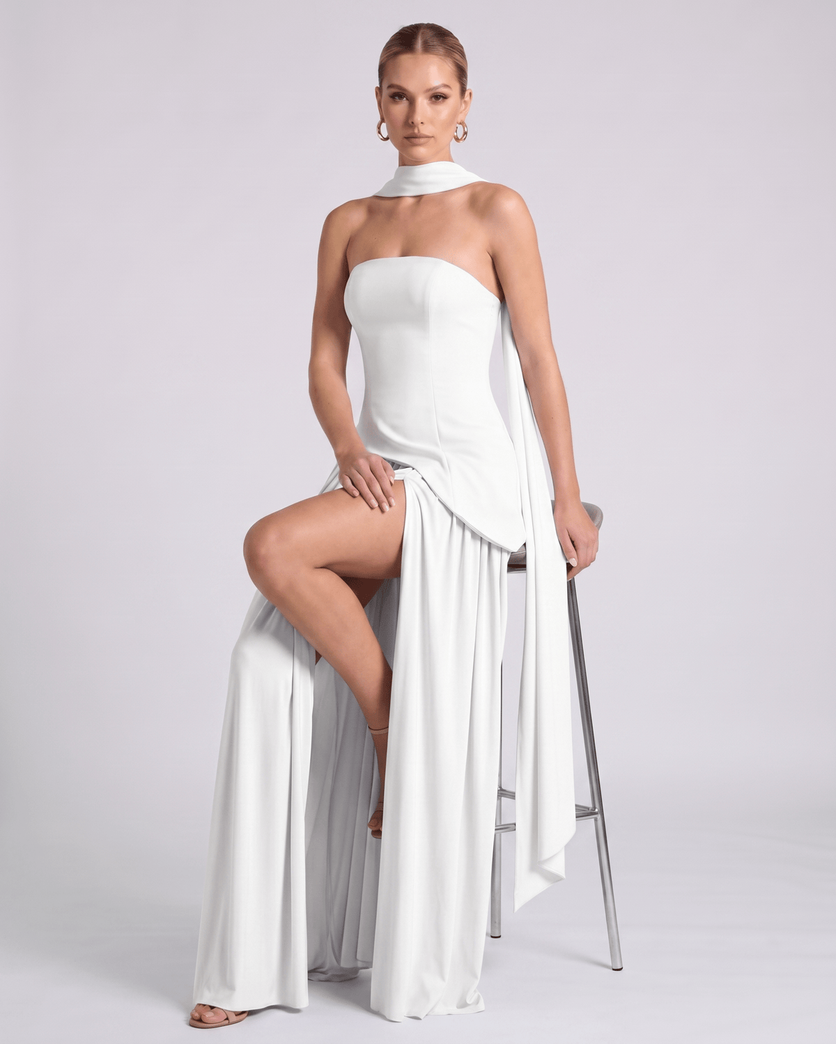 Aureline Maxi Dress by Lauven — chiffon strapless halter pleated maxi dress with slit