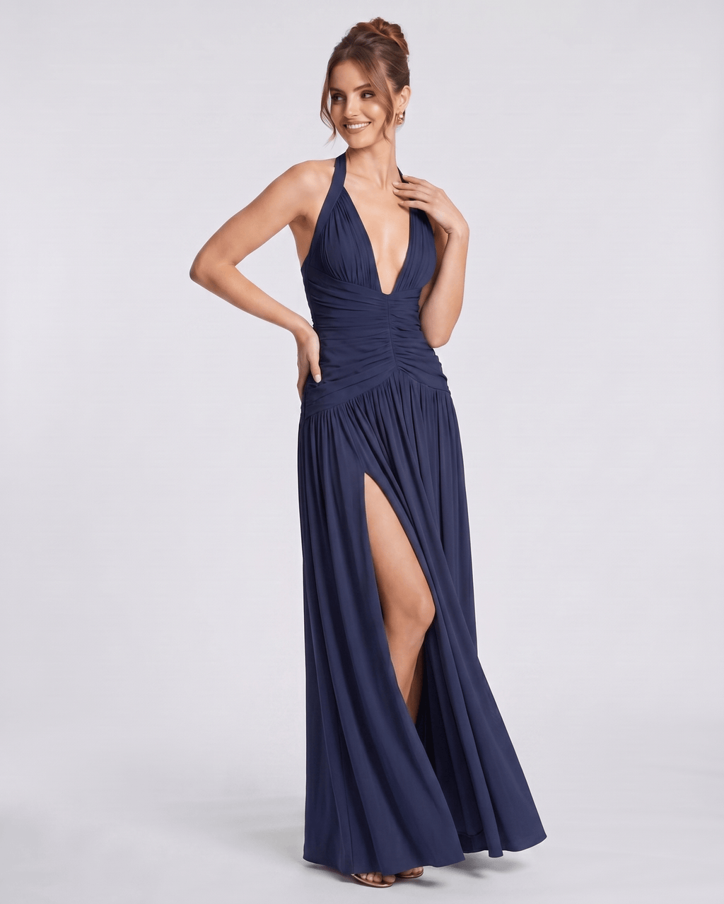 Veloura Maxi Dress by Lauven — stretch blend sleeveless deep V-neck ruched maxi dress