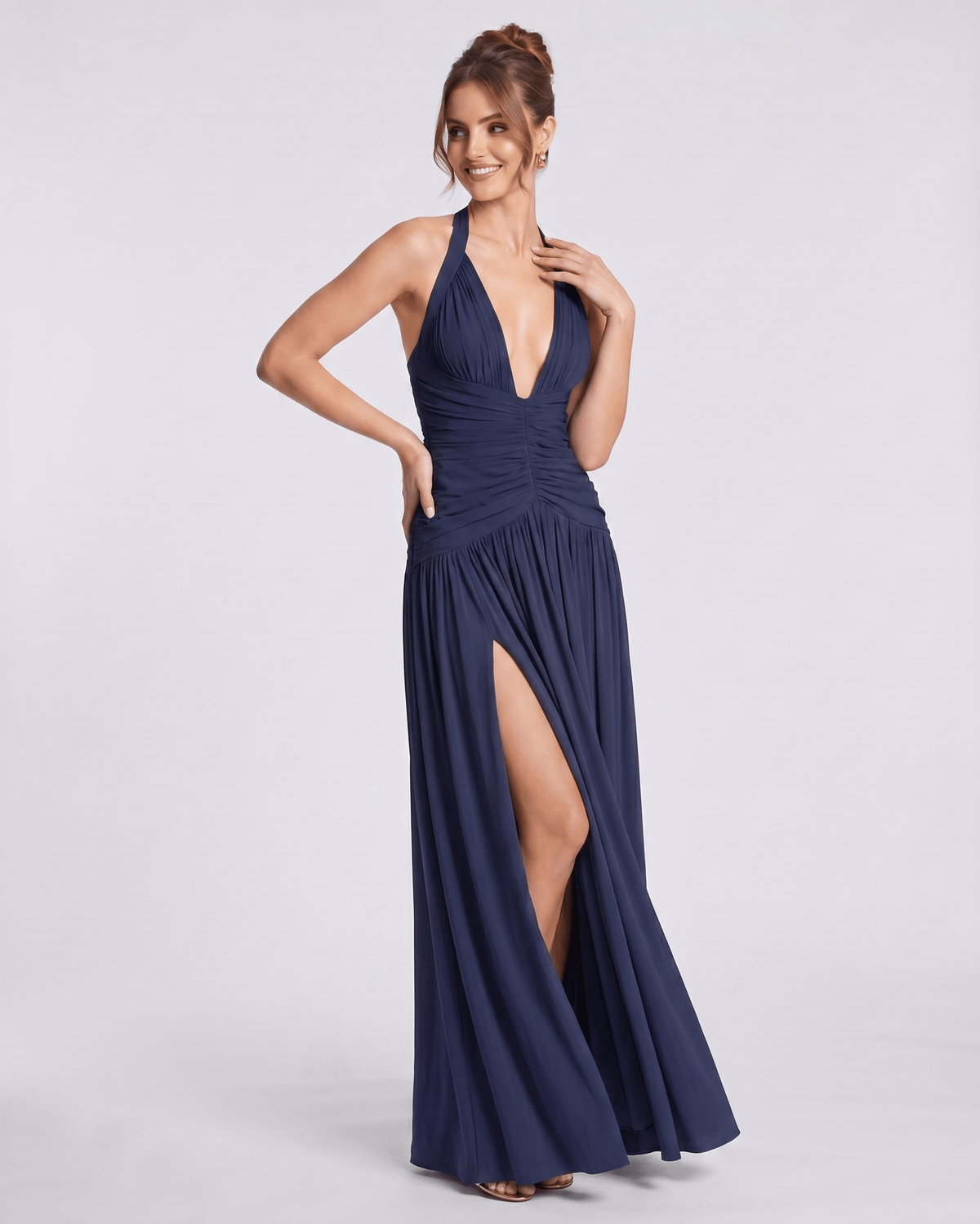 Veloura Maxi Dress by Lauven — stretch blend sleeveless deep V-neck ruched maxi dress