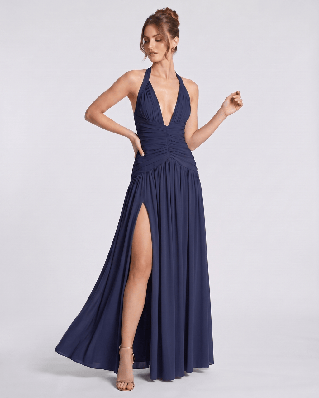 Veloura Maxi Dress by Lauven — stretch blend sleeveless deep V-neck ruched maxi dress