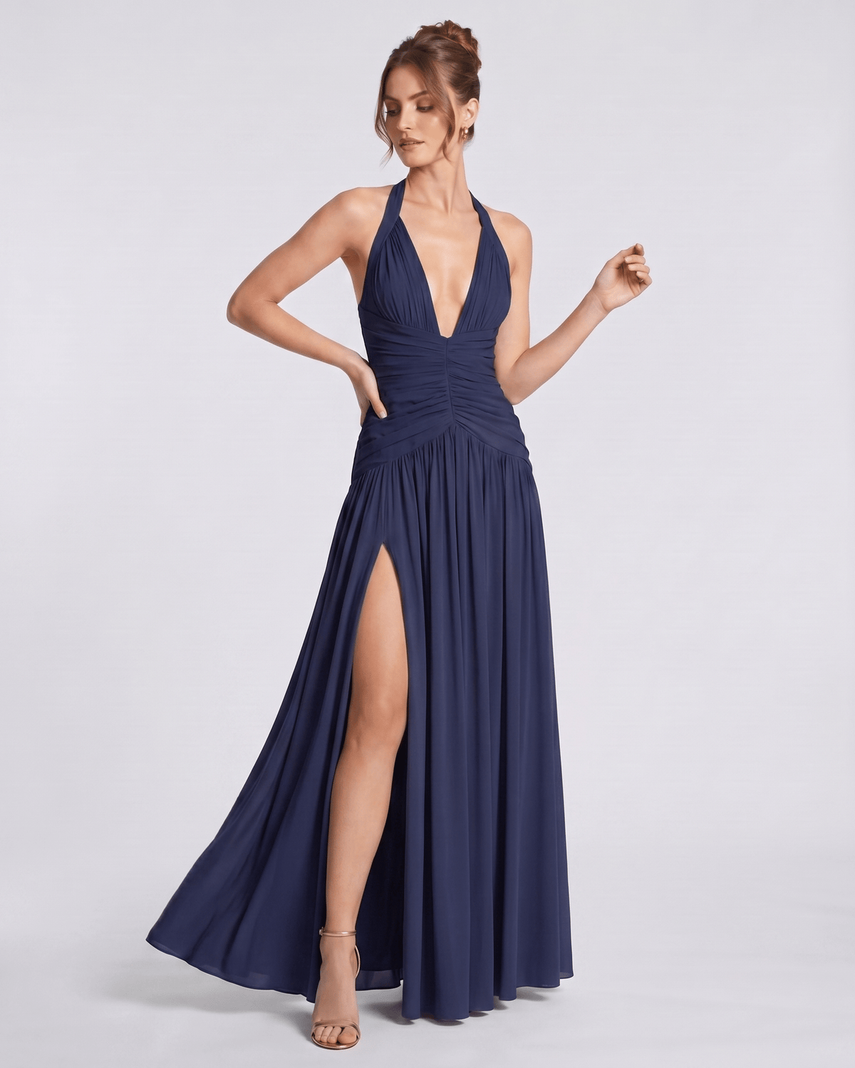 Veloura Maxi Dress by Lauven — stretch blend sleeveless deep V-neck ruched maxi dress