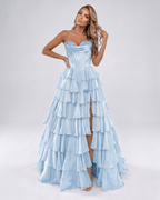 Seraphine Maxi Dress by Lauven — satin chiffon sleeveless sweetheart tiered A-line maxi dress