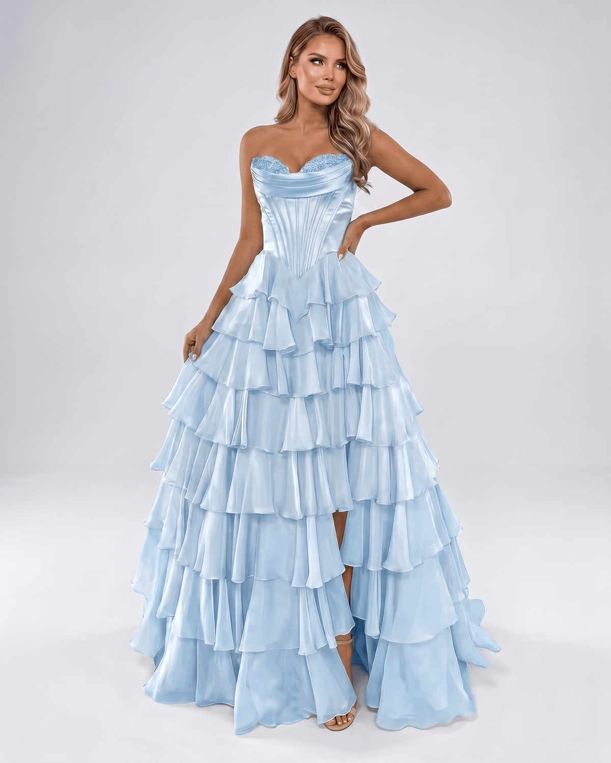 Seraphine Maxi Dress by Lauven — satin chiffon sleeveless sweetheart tiered A-line maxi dress