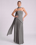 Aureline Maxi Dress by Lauven — chiffon strapless halter pleated maxi dress with slit