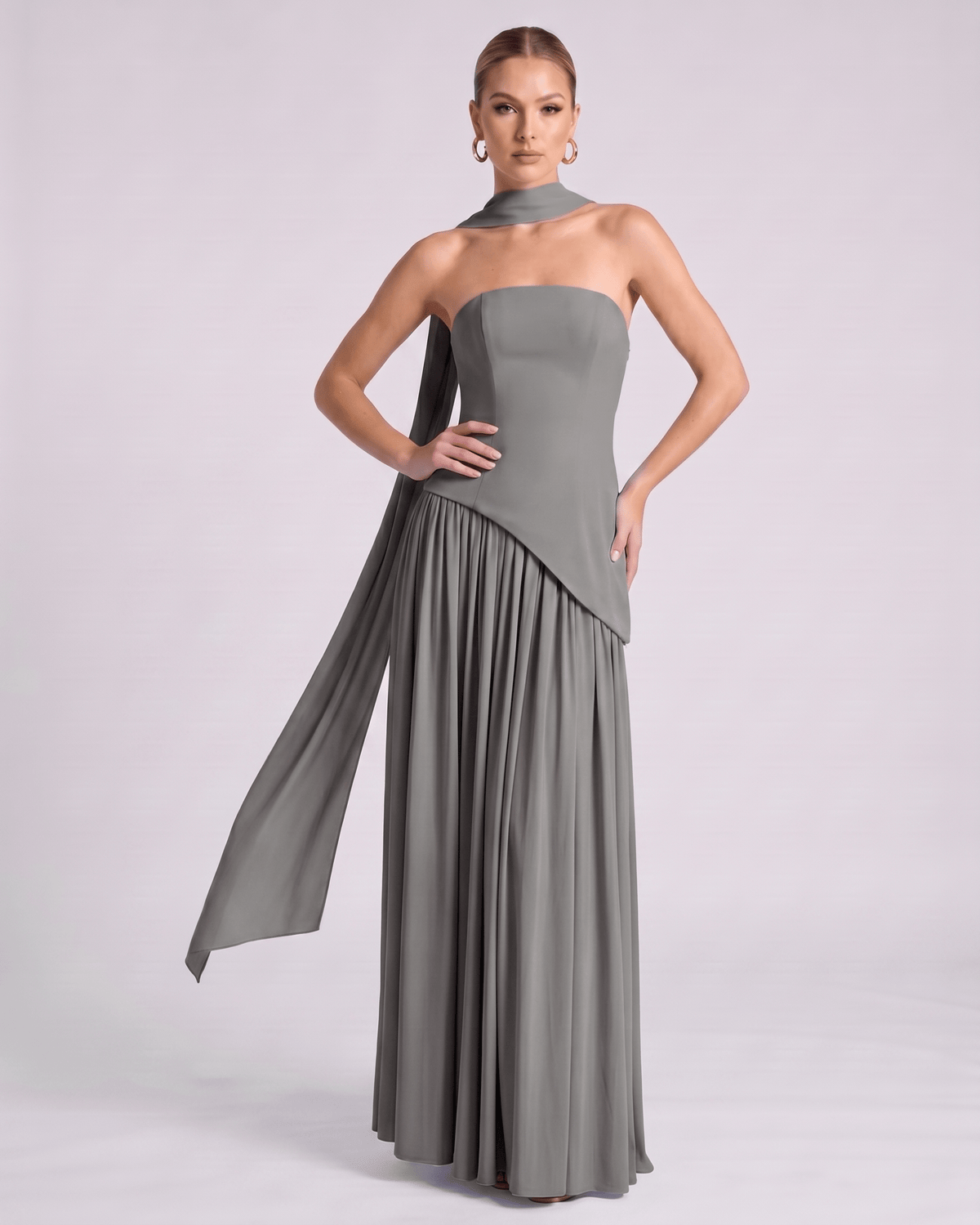 Aureline Maxi Dress by Lauven — chiffon strapless halter pleated maxi dress with slit
