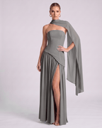 Aureline Maxi Dress by Lauven — chiffon strapless halter pleated maxi dress with slit