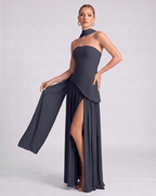 Aureline Maxi Dress by Lauven — chiffon strapless halter pleated maxi dress with slit