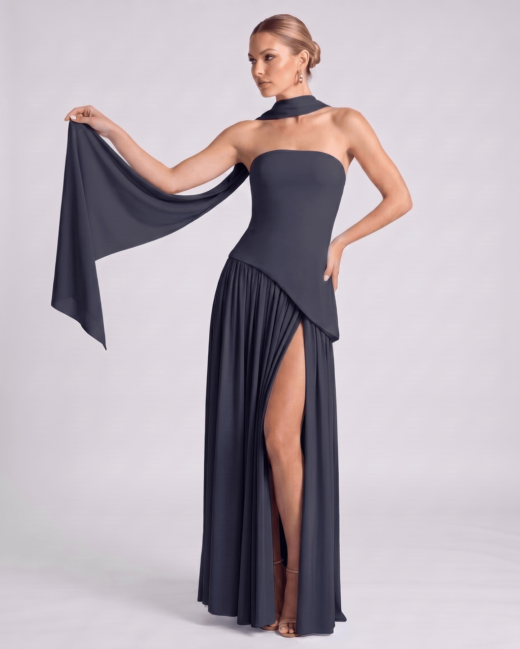 Aureline Maxi Dress by Lauven — chiffon strapless halter pleated maxi dress with slit