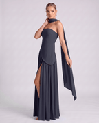 Aureline Maxi Dress by Lauven — chiffon strapless halter pleated maxi dress with slit