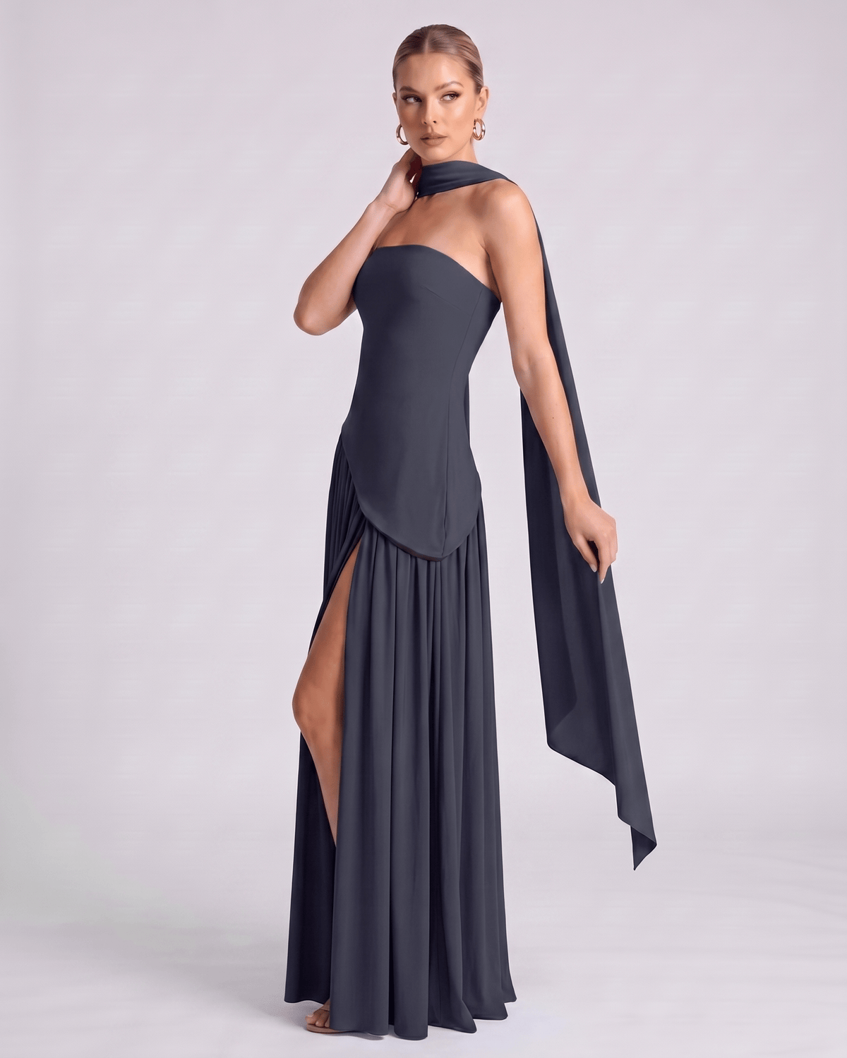 Aureline Maxi Dress by Lauven — chiffon strapless halter pleated maxi dress with slit