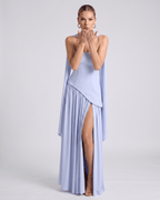Aureline Maxi Dress by Lauven — chiffon strapless halter pleated maxi dress with slit