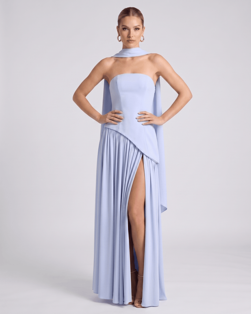 Aureline Maxi Dress by Lauven — chiffon strapless halter pleated maxi dress with slit
