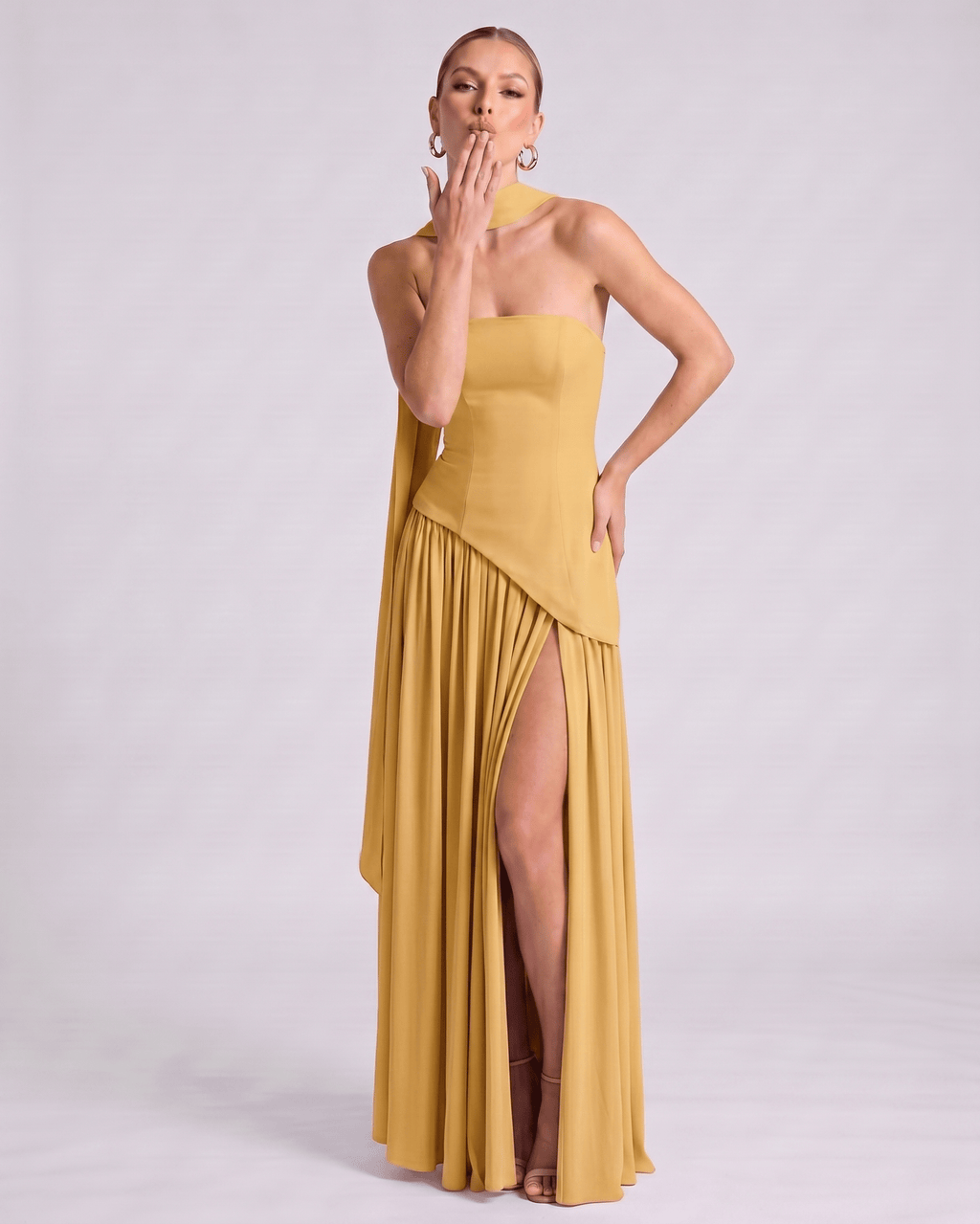 Aureline Maxi Dress by Lauven — chiffon strapless halter pleated maxi dress with slit