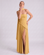 Aureline Maxi Dress by Lauven — chiffon strapless halter pleated maxi dress with slit